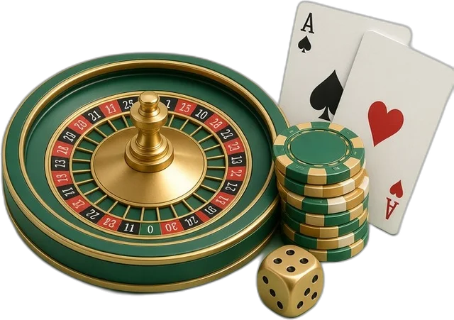 Roleta, fichas, cartas e dado de cassino em verde e dourado